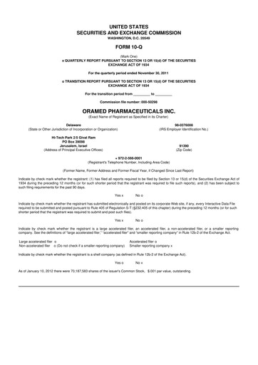 Thumbnail Oramed Pharmaceuticals 10-Q Quarterly Report FY2012 