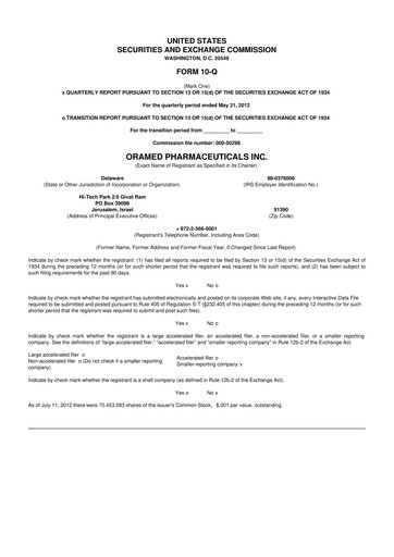 Thumbnail Oramed Pharmaceuticals 10-Q Quarterly Report FY2012 