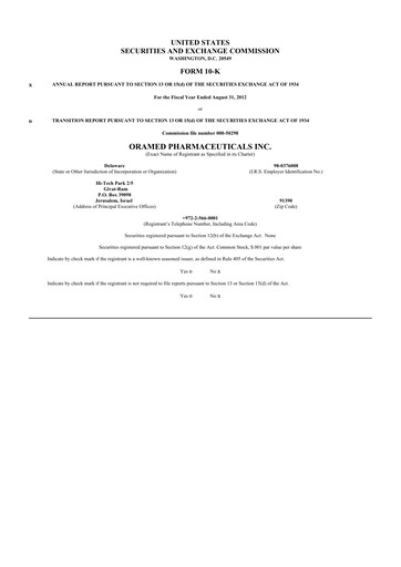 Vorschaubild Oramed Pharmaceuticals 10-K Jahresbericht 2012