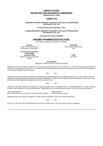 Thumbnail Oramed Pharmaceuticals 10-Q Quarterly Report FY2013 