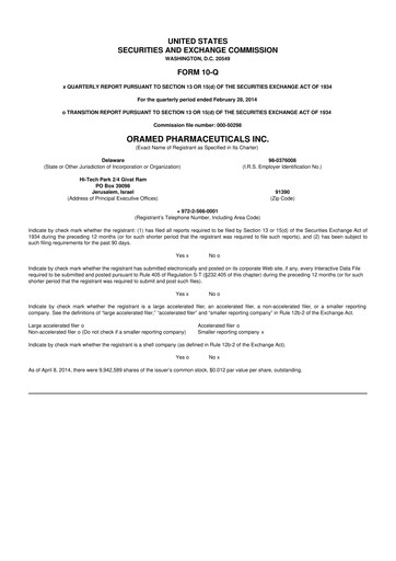 Thumbnail Oramed Pharmaceuticals 10-Q Quarterly Report FY2014 