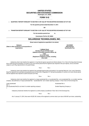 Miniature SolarEdge 10-Q Rapport trimestriel 2016 