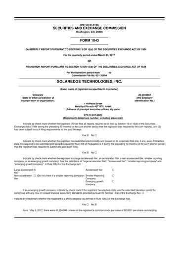 Miniature SolarEdge 10-Q Rapport trimestriel 2017 