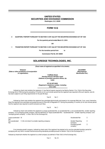 Miniature SolarEdge 10-Q Rapport trimestriel 2018 