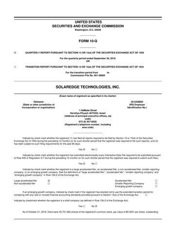 Miniature SolarEdge 10-Q Rapport trimestriel 2018 