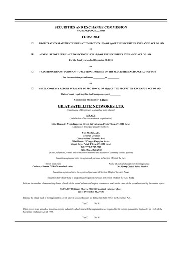 Thumbnail Gilat Satellite Networks 20-F Annual Report 2018