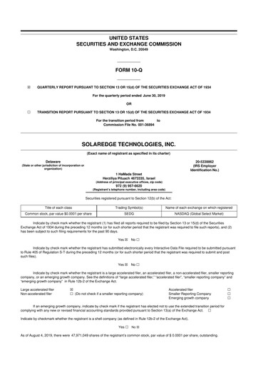Miniature SolarEdge 10-Q Rapport trimestriel 2019 