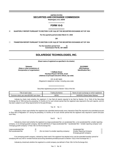 Miniature SolarEdge 10-Q Rapport trimestriel 2020 
