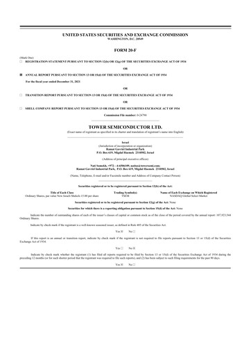 Thumbnail Tower Semiconductor 20-F Annual Report 2021