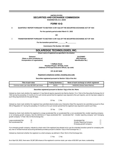 Miniature SolarEdge 10-Q Rapport trimestriel 2022 