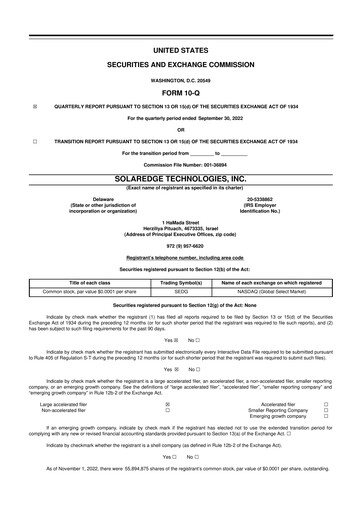 Miniature SolarEdge 10-Q Rapport trimestriel 2022 