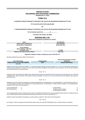 Vorschaubild Entera Bio 10-Q Quartalsbericht  