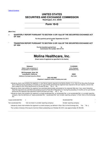 Thumbnail Molina Healthcare
 10-Q Quarterly Report FY2013 