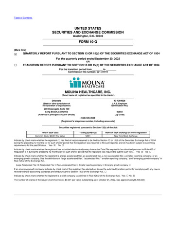 Thumbnail Molina Healthcare
 10-Q Quarterly Report FY2022 