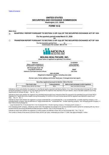 Thumbnail Molina Healthcare
 10-Q Quarterly Report FY 