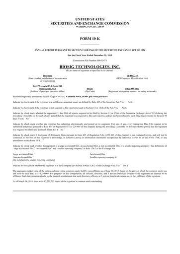 Thumbnail BioSig Technologies
 10-K Annual Report 2015