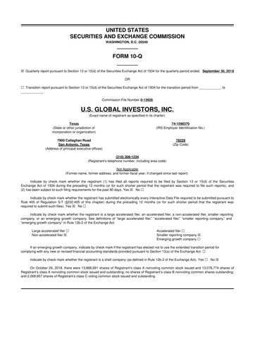 Thumbnail U.S. Global Investors 10-Q Quarterly Report FY2019 