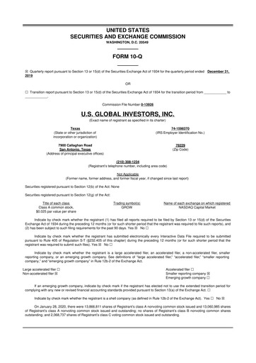Thumbnail U.S. Global Investors 10-Q Quarterly Report FY2020 