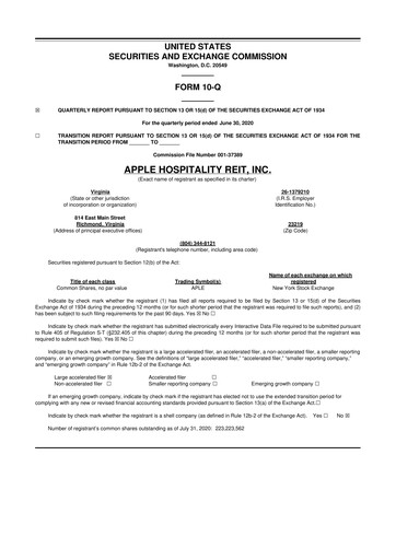 Vorschaubild Apple Hospitality REIT
 10-Q Quartalsbericht 2020 