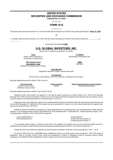 Thumbnail U.S. Global Investors 10-Q Quarterly Report FY2022 