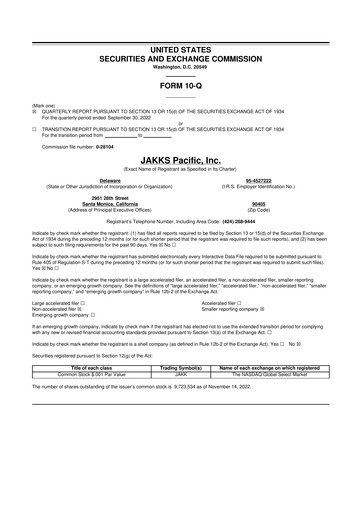 Thumbnail Jakks Pacific
 10-Q Quarterly Report FY 