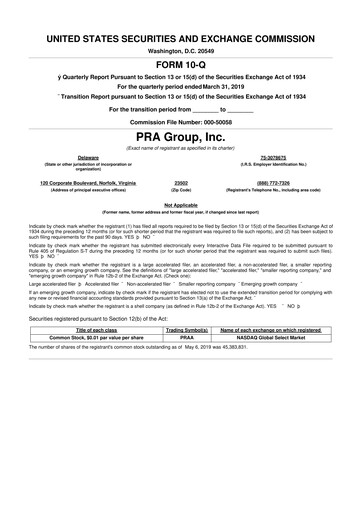 Thumbnail PRA Group
 10-Q Quarterly Report FY2019 