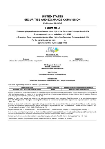 Thumbnail PRA Group
 10-Q Quarterly Report FY 