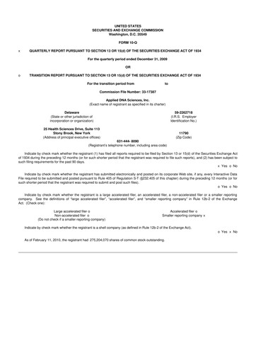 Miniature Applied DNA Sciences
 10-Q Rapport trimestriel  