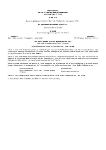 Miniature RPC, Inc. 10-Q Rapport trimestriel 2012 