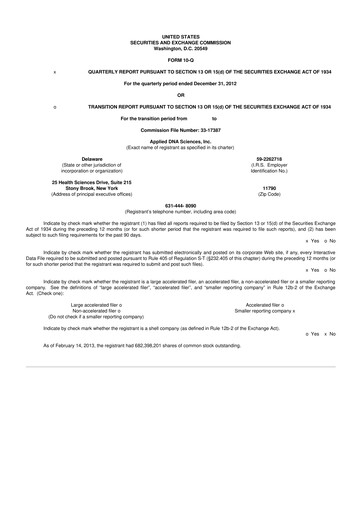 Miniature Applied DNA Sciences
 10-Q Rapport trimestriel 2013 