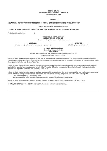 Thumbnail Nicolet Bankshares 10-Q Quarterly Report FY2013 