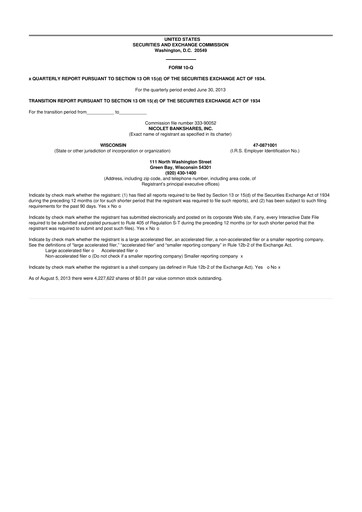 Thumbnail Nicolet Bankshares 10-Q Quarterly Report FY2013 