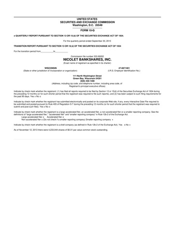 Thumbnail Nicolet Bankshares 10-Q Quarterly Report FY2013 