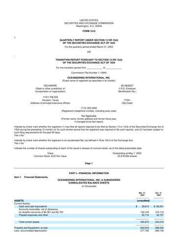 Miniature Oceaneering International
 10-Q Rapport trimestriel  