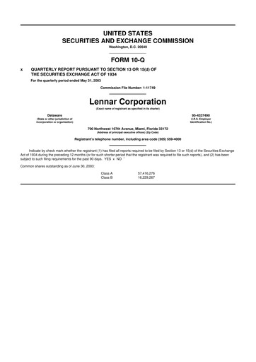 Thumbnail Lennar 10-Q Quarterly Report FY 