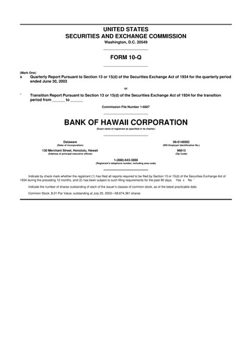 Thumbnail Bank of Hawaii
 10-Q Quarterly Report FY 