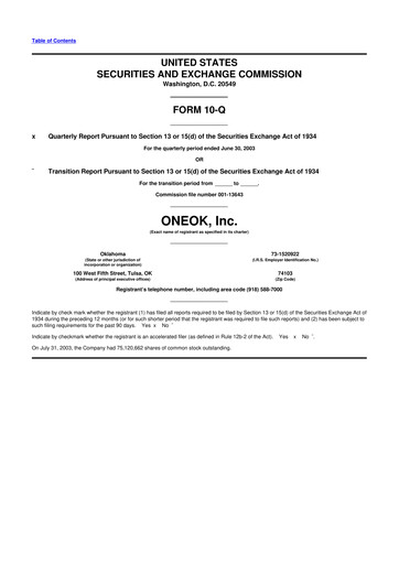 Thumbnail Oneok 10-Q Quarterly Report FY 