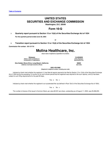 Thumbnail Molina Healthcare
 10-Q Quarterly Report FY 
