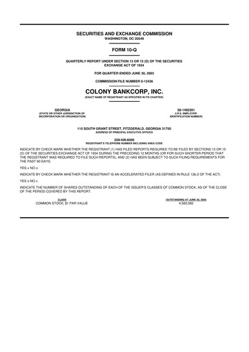 Thumbnail Colony Bankcorp 10-Q Quarterly Report FY 