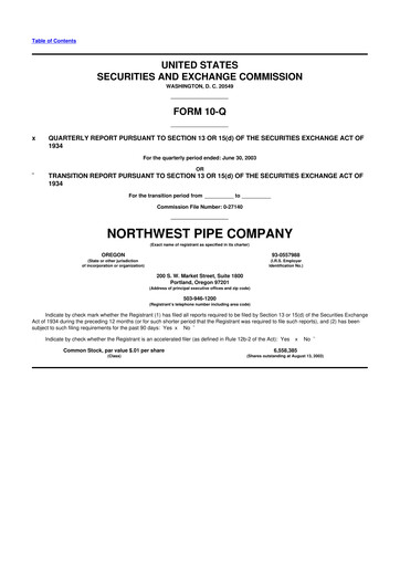 Miniature Northwest Pipe Company
 10-Q Rapport trimestriel  