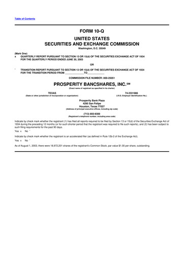 Thumbnail Prosperity Bancshares
 10-Q Quarterly Report FY 