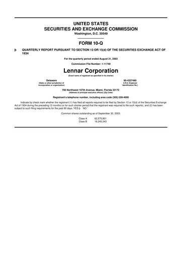 Thumbnail Lennar 10-Q Quarterly Report FY 