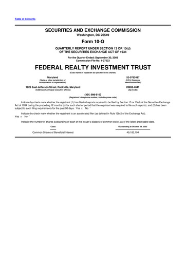 Thumbnail Federal Realty Investment Trust
 10-Q Quarterly Report FY 