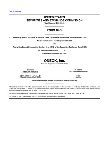 Thumbnail Oneok 10-Q Quarterly Report FY 