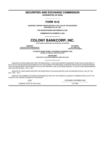 Thumbnail Colony Bankcorp 10-Q Quarterly Report FY 