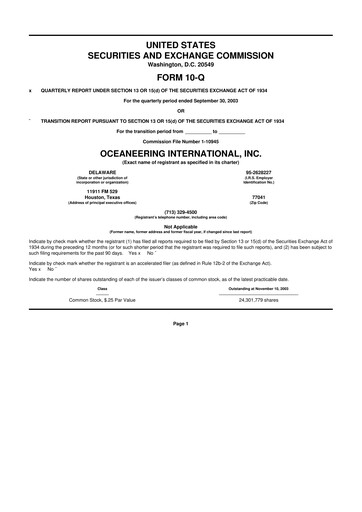 Miniature Oceaneering International
 10-Q Rapport trimestriel  