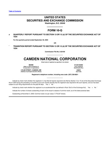 Thumbnail Camden National Corporation
 10-Q Quarterly Report FY 