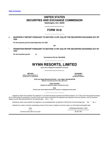 Thumbnail Wynn Resorts
 10-Q Quarterly Report FY 