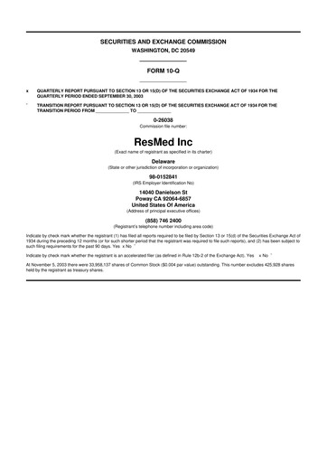 Thumbnail ResMed 10-Q Quarterly Report FY 