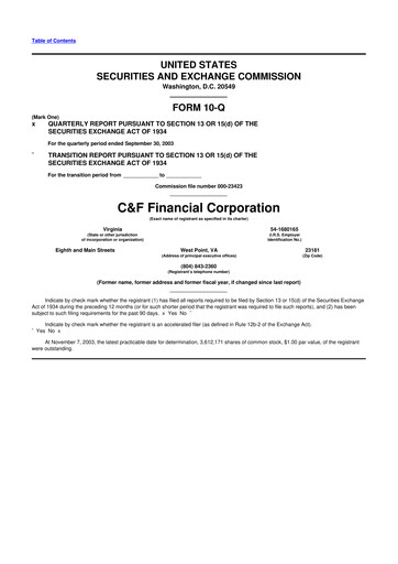 Thumbnail C&F Financial Corporation

 10-Q Quarterly Report FY 
